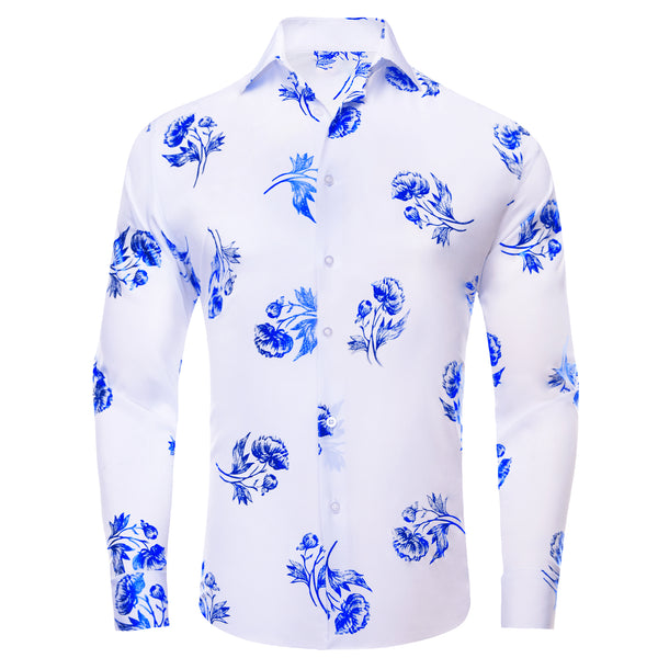 White Blue Floral Pattern Silk Men's Long Sleeve Shirt
