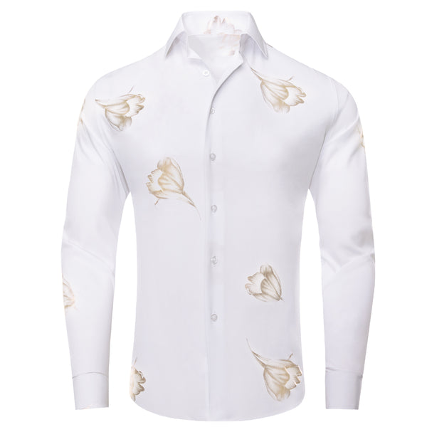 White Golden Floral Pattern Silk Men's Long Sleeve Shirt
