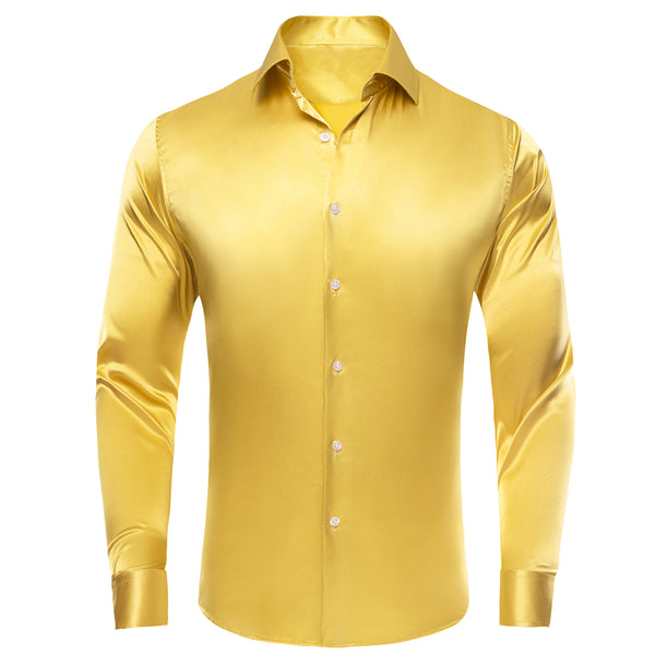 Yellow Solid Satin Silk Men's Long Sleeve Business Shirt