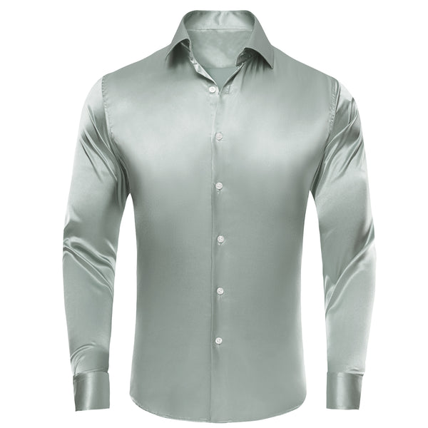 Grey Solid Satin Silk Men's Long Sleeve Business Shirt