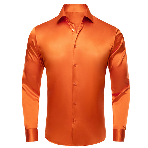 Orange Solid Satin Silk Men's Long Sleeve Business Shirt