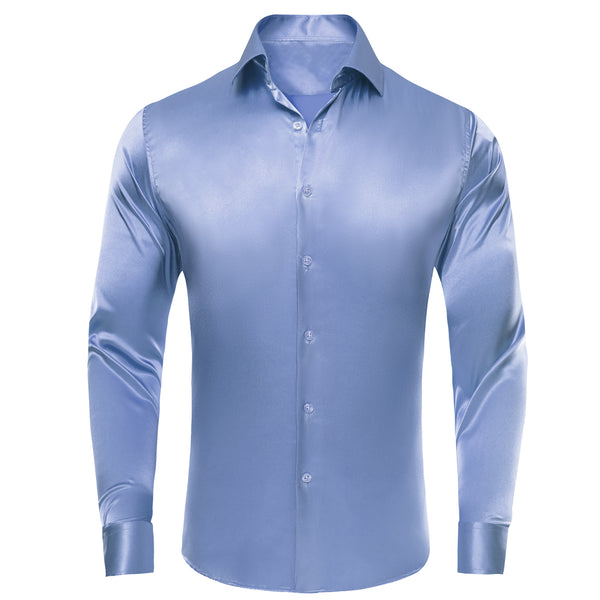 Pale Blue Solid Satin Silk Men's Long Sleeve Business Shirt