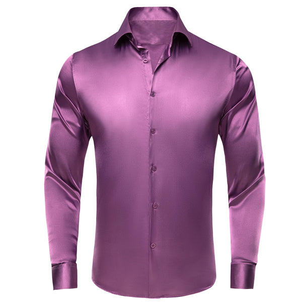 Violet Purple Solid Satin Silk Men's Long Sleeve Business Shirt