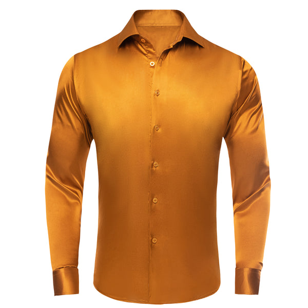 Golden Yellow Solid Satin Silk Men's Long Sleeve Business Shirt