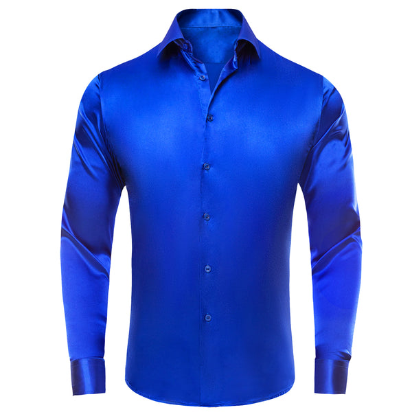 Klein Blue Solid Satin Silk Men's Long Sleeve Business Shirt