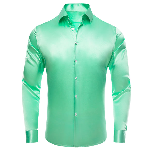 Mint Green Solid Satin Silk Men's Long Sleeve Business Shirt