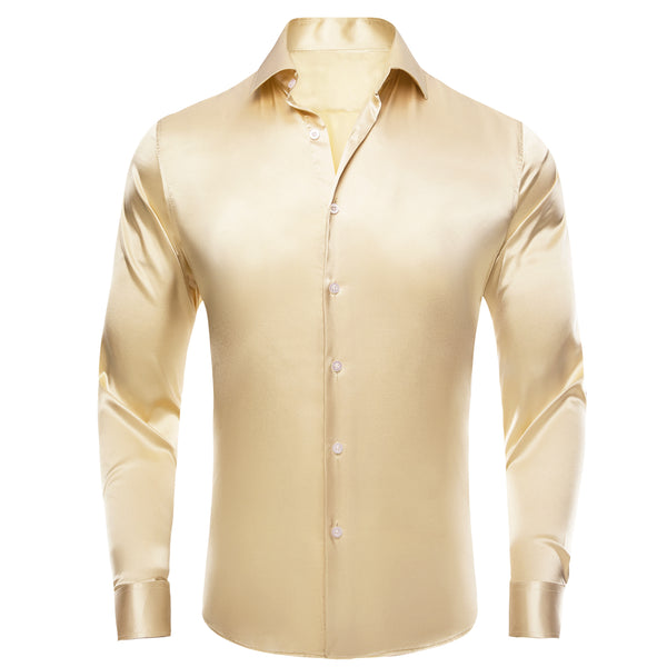 Beige Solid Satin Silk Men's Long Sleeve Business Shirt