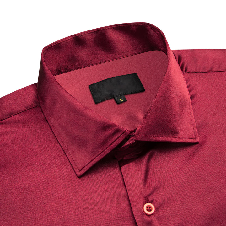 Burgundy Red Solid Satin Silk Men's Long Sleeve Business Shirt