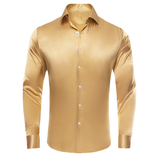 Gold Solid Satin Silk Men's Long Sleeve Business Shirt