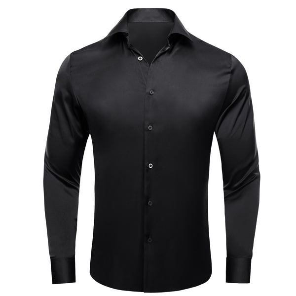 Ties2you Button Down Shirt Men's Black Solid Satin Chiffon Non-Stretch Long Sleeve Shirt