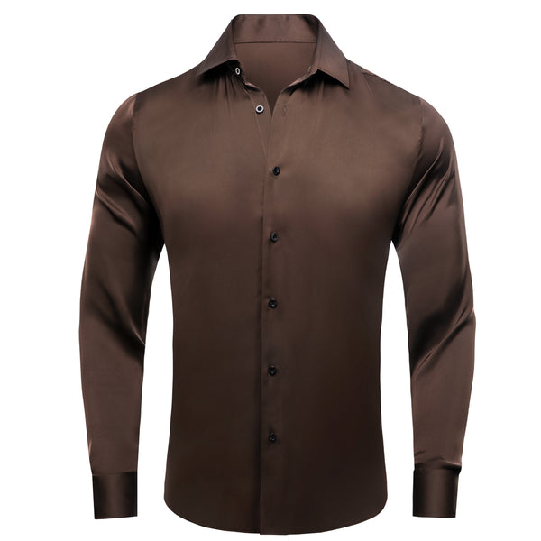 Ties2you Button Down Shirt Dark Brown Solid Satin Chiffon Non-Stretch Men's Shirt