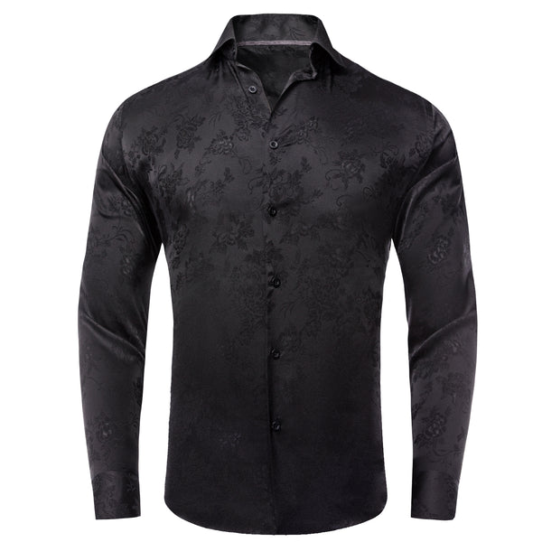 Pure Black Paisley Silk Men's Long Sleeve Shirt