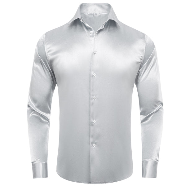 Silver Solid Satin Men's Long Sleeve Shirt