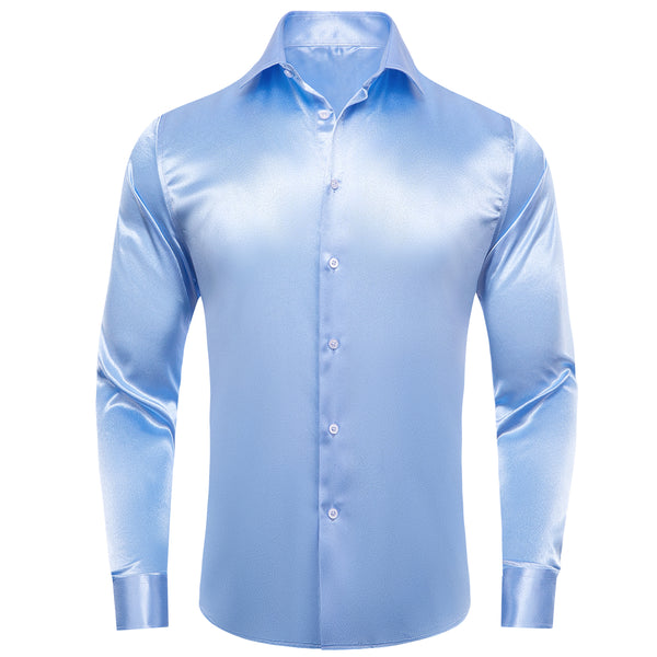 Baby Blue Solid Satin Men's Long Sleeve Shirt