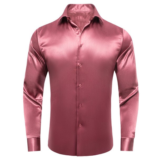 Watermelon Red Solid Satin Men's Long Sleeve Shirt