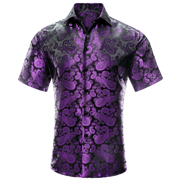 Purple Black Paisley Silk Men's Short Sleeve Shirt