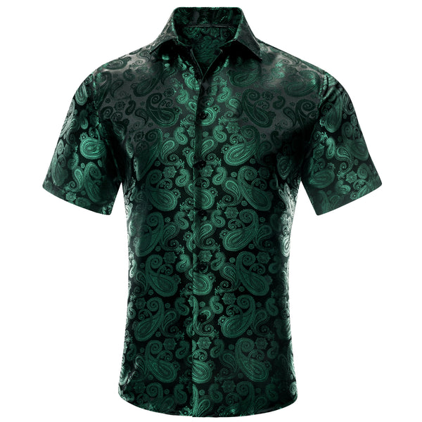 Emerald Green Black Paisley Silk Men's Short Sleeve Shirt