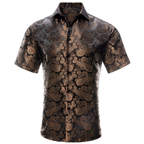 Brown Black Paisley Silk Men's Short Sleeve Shirt