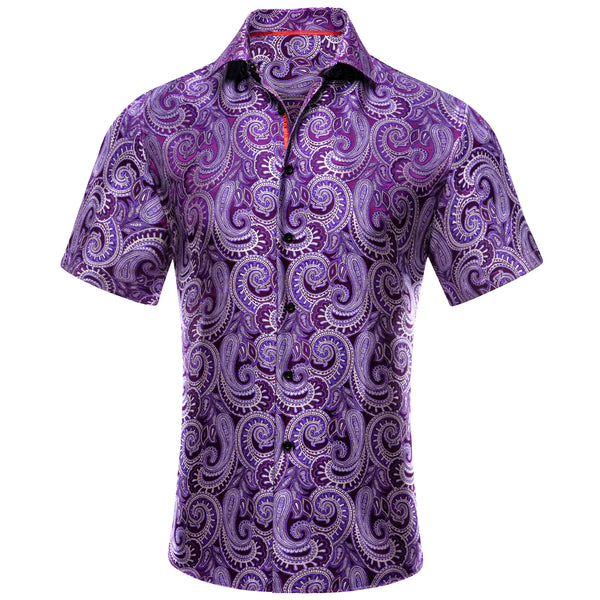 Purple White Paisley Silk Men's Short Sleeve Shirt