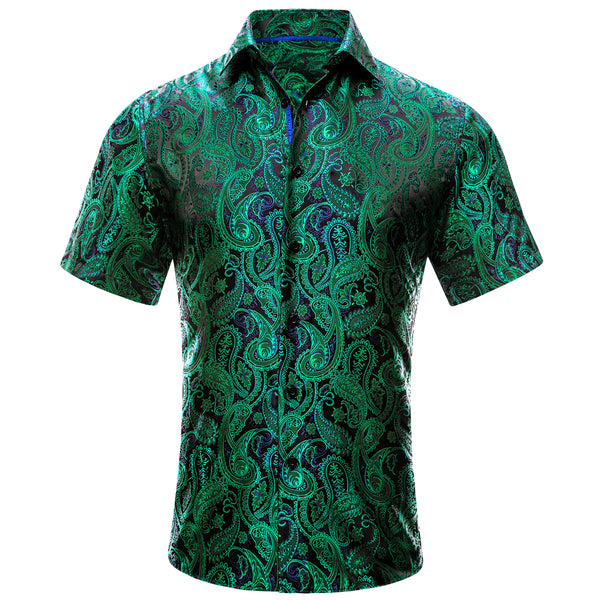 Emerald Green Blue Paisley Silk Men's Short Sleeve Shirt