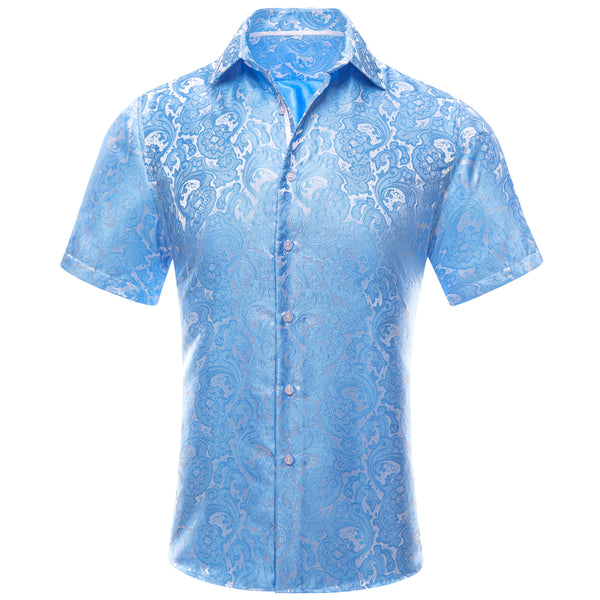 Ties2you Button Down Shirt Sky Blue Paisley Floral Silk Men's Short Sleeve Shirt