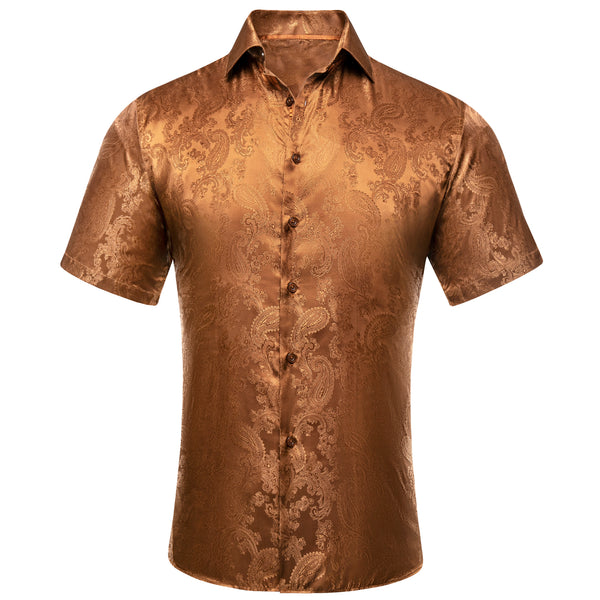 Brown Paisley Silk Men's Short Sleeve Shirt