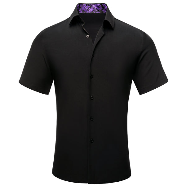 Splicing Style Black with Purple Pasiley Silk Men's Short Sleeve Shirt