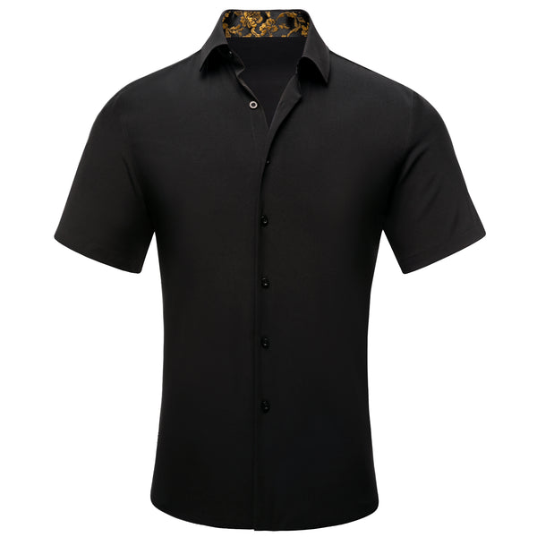Splicing Style Black with Gold Floral Silk Men's Short Sleeve Shirt