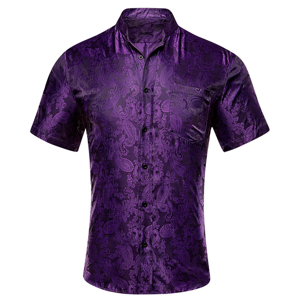Dark Purple Paisley Silk Men's Short Sleeve Shirt