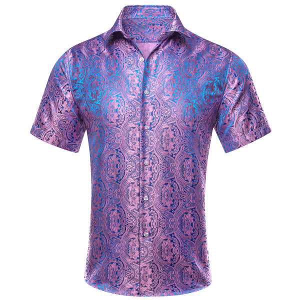 Purple Blue Paisley Silk Men Short Sleeve Shirt