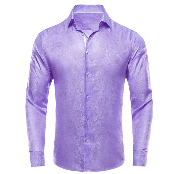 Lilac Purple Paisley Satin Men's Long Sleeve Shirt