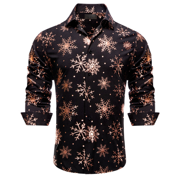 Black Christmas Rose Golden Snowflake Novelty Satin Men's Long Sleeve Shirt