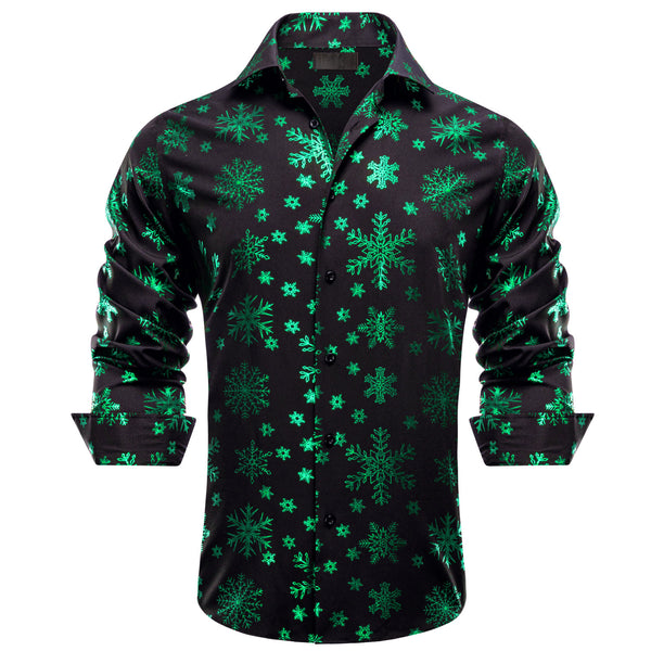 Black Christmas Dark Green Snowflake Novelty Satin Men's Long Sleeve Shirt