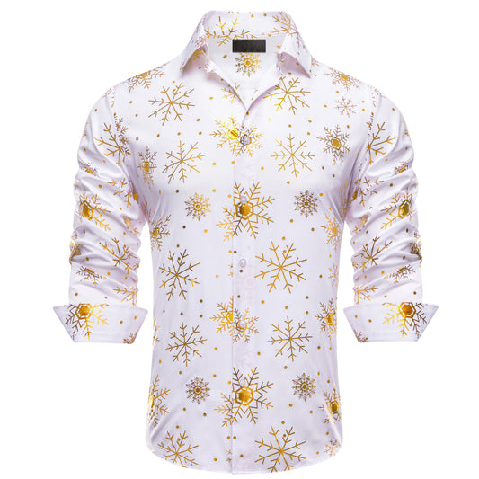 White Christmas Golden Snowflake Novelty Men's Long Sleeve Shirt
