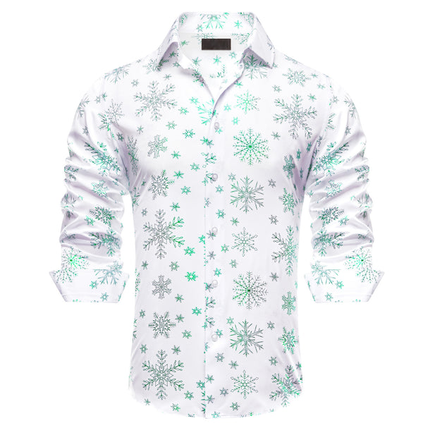White Christmas Light Green Snowflake Novelty Satin Men's Long Sleeve Shirt