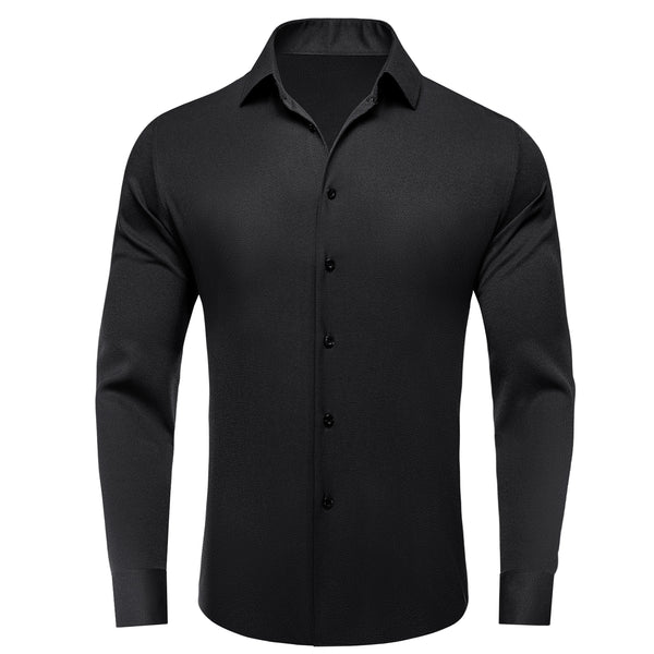 Black Solid Stretch Woven Business Men's Long Sleeve Button Down Shirt