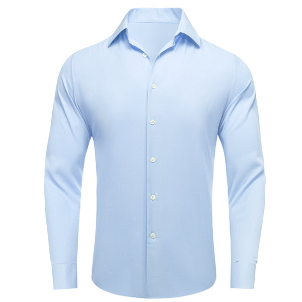 White Blue Solid Stretch Woven Business Men's Long Sleeve Button Down Shirt