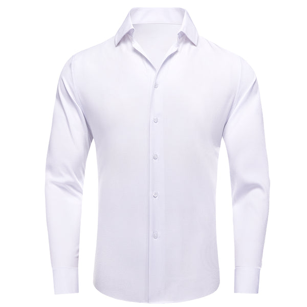 White Solid Stretch Woven Business Men's Long Sleeve Button Down Shirt
