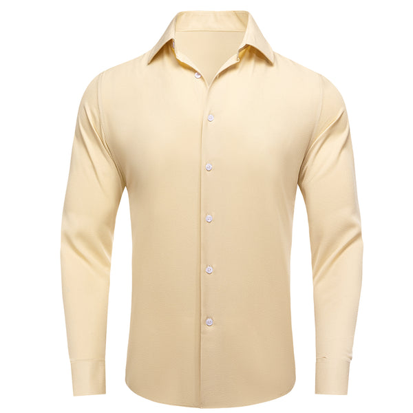 Beige Solid Stretch Woven Business Men's Long Sleeve Button Down Shirt