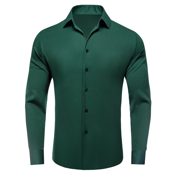 Dark Green Solid Stretch Woven Business Men's Long Sleeve Button Down Shirt