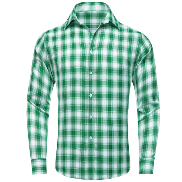 Green White Plaid Men's Silk Long Sleeve Shirt