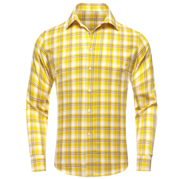 Yellow White Plaid Men's Silk Long Sleeve Shirt