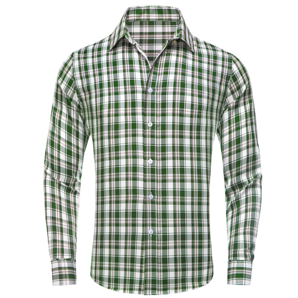 Green White Brown Woven Plaid Men's Silk Shirt