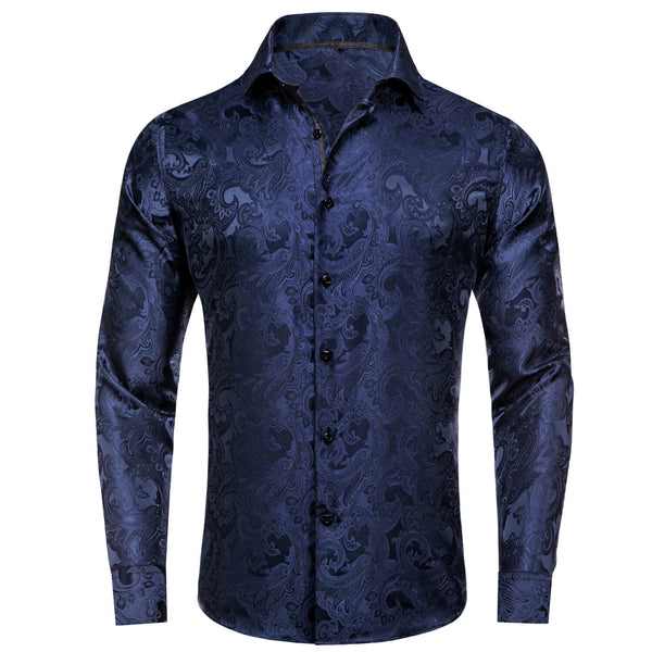 Midnight Blue Floral Silk Long Sleeve Dress Shir