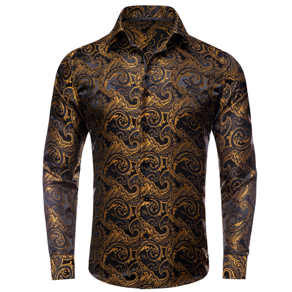Black Golden Woven Floral Men's Silk Shirt