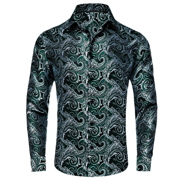 Sapphire Pine Green Silver Jacquard Floral Silk Shirt