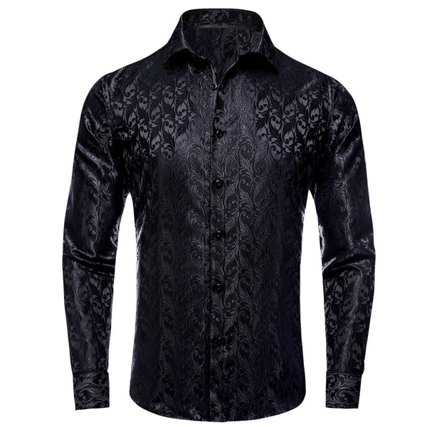 Black Jacquard Floral Silk Men's Formal Shirt