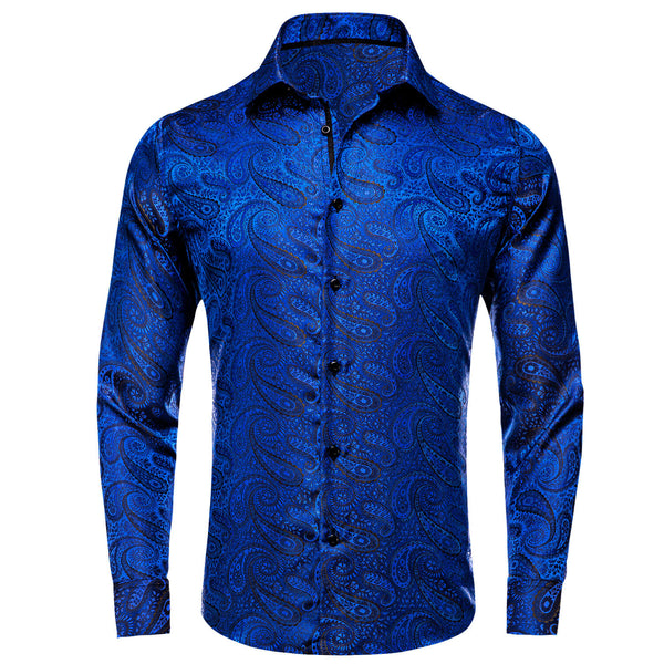 Cobalt Blue Jacquard Woven Paisley Silk Shirt