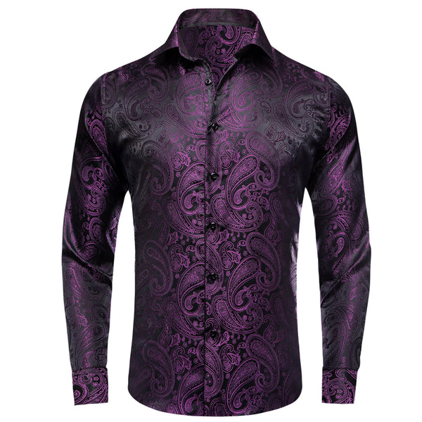 Dark Purple Paisley Silk Long Sleeve Shirt