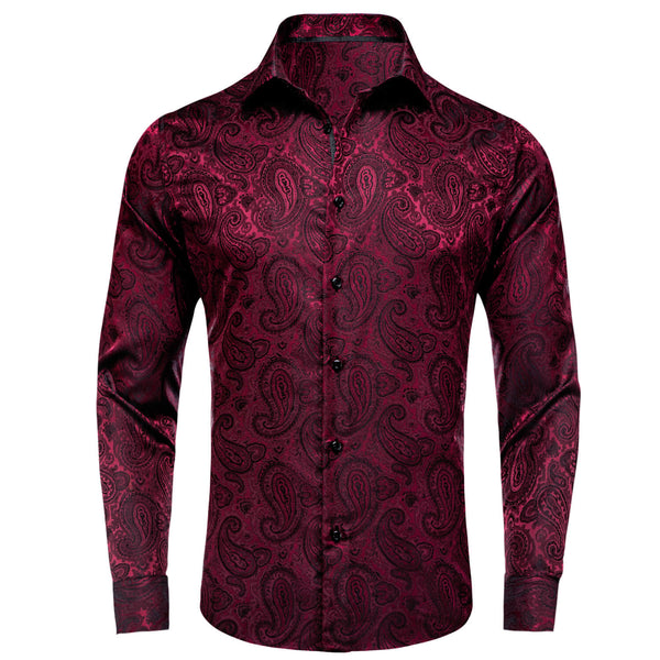 Dark Red Jacquard Paisley Silk Men's Shirt